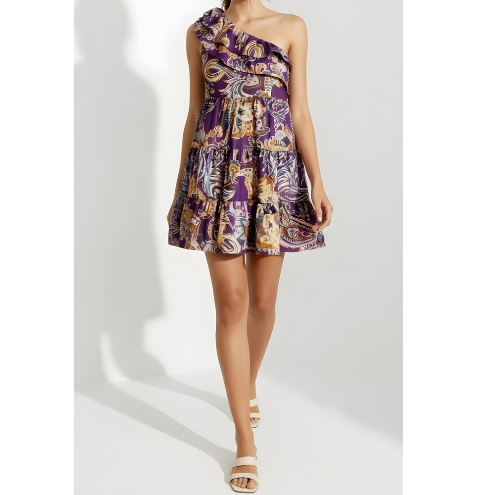 Sezane One-Shoulder Tiered Mini Dress in Purple and Gold Paisley